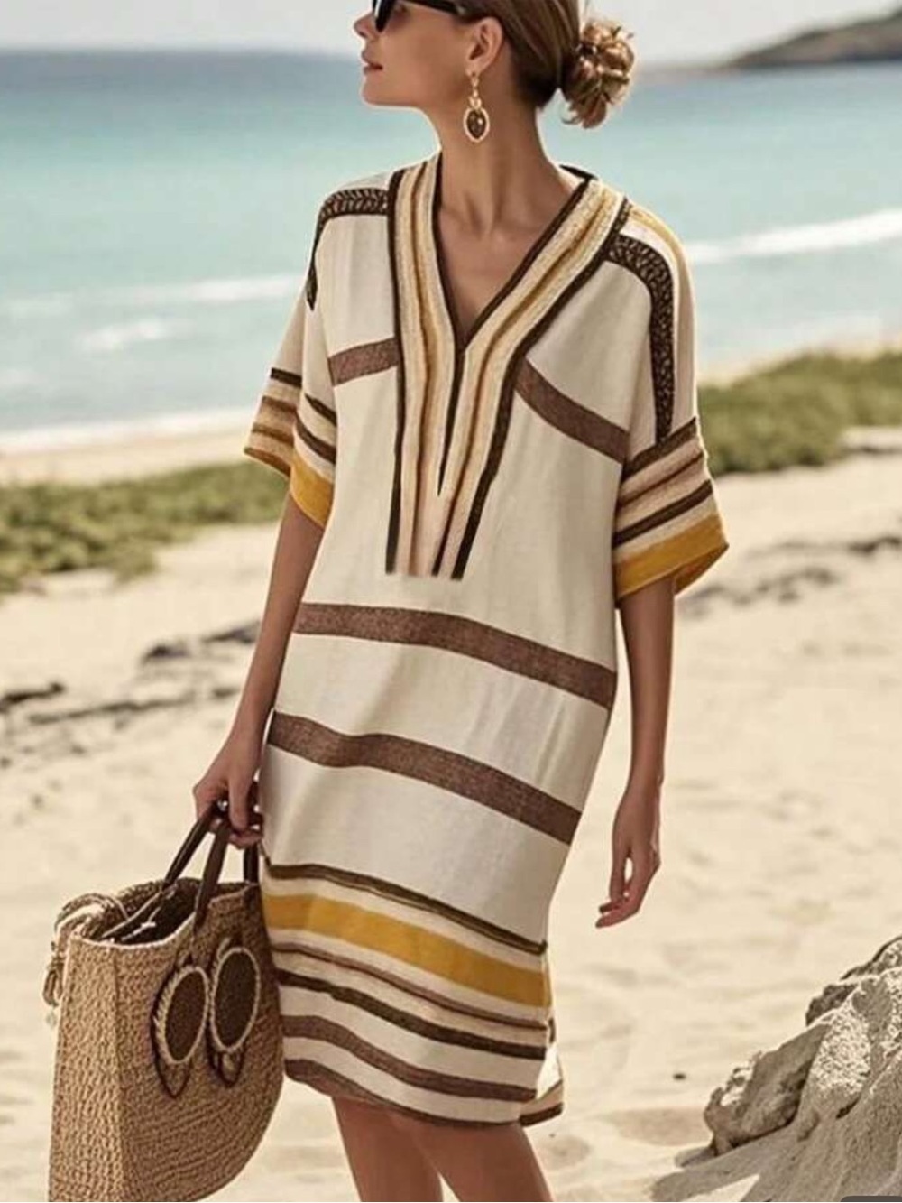 Cream & Brown Striped V-Neck Dress Sz 12 nwt
